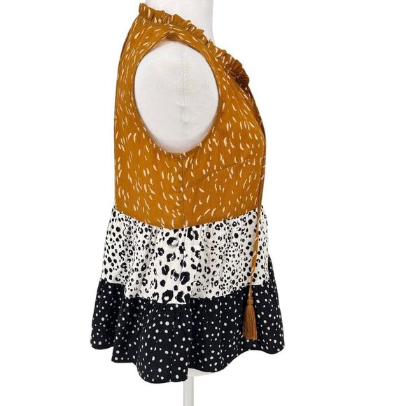 THML Women's Sleeveless Ruffle Peplum Top XS Tiered Animal Dot Print Boho Blouse - Picture 6 of 12